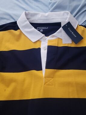 Club Room Yellow and Navy Striped Rugby Polo with White Collar